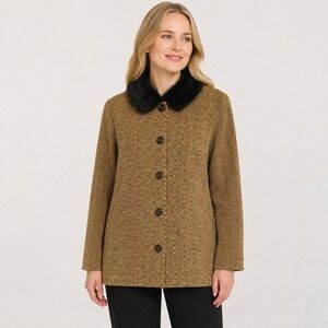 Vintage First Option Women's L Herringbone Jacket Removable Faux Fur Collar